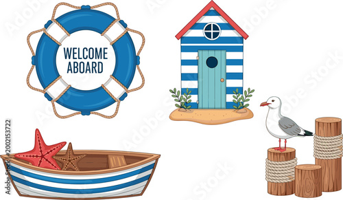 Vector Illustration of Nautical and Beach Icons Including Welcome Aboard Life Buoy, Striped House, Starfish, Seagull, and Wooden Stumps