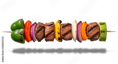 grilled meat and vegetable skewer with peppers onions