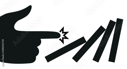 Black and white vector illustration of hand pointing toward row of rectangular blocks initiating domino effect. Minimalist graphic for chain reactions cause and effect or sequential processes.