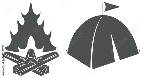 Camping icons set with campfire and tent outdoor adventure vector