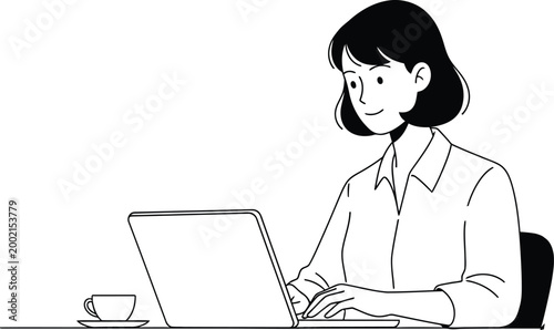 Woman working on laptop a black and white silhouette illustration