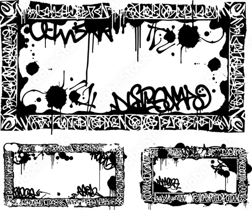 Stencil spray paint border set with inky graffiti blots. Hand drawn stencil style paint edges and splatter textures with spray paint effects. Vector illustration