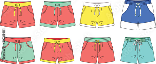 Colorful Swim Shorts Collection with Summer Beach Wear, Casual Clothing, and Trendy Design for Vacation, Swimming, and Fashion Illustration