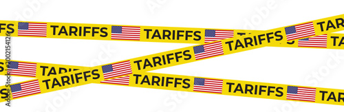 USA Trade Tariffs Yellow Caution Tape with American Flag Design Vector Set