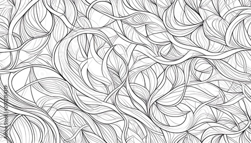 Intricate flowing linework creates a dense pattern reminiscent of organic tendrils and foliage against a white backdrop