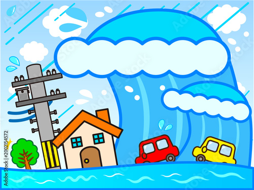 津波に襲われる街のイラスト素材