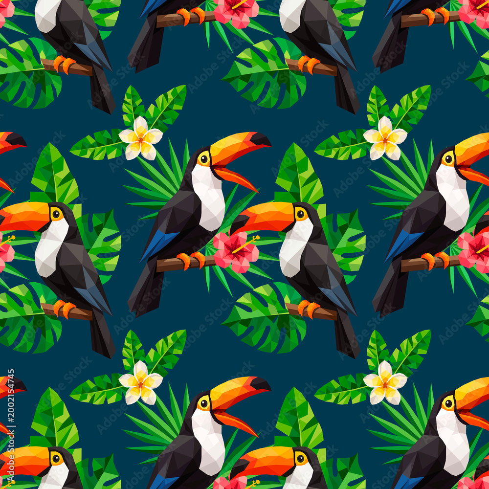 Fototapeta premium Seamless tropical pattern in geometric low poly style. Summer background with fruits, leaves and exotic elements. Minimalist vector design for fabric and wallpaper