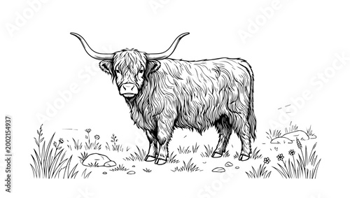 Photos Highland Cow Shaggy Fur Vector Line Art Illustration on Transparent Background,