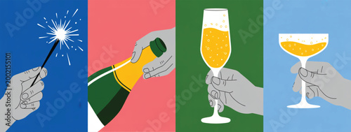Celebration Party Poster Set with Sparkler Champagne Bottle and Glasses in Minimal Modern Festive Illustration Collection Design
