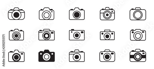 Set of isolated camera icons for digital photography and videography projects with flat line design style.