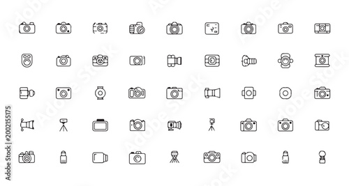 Large collection of linear photography and camera related icons for creative design and web applications.
