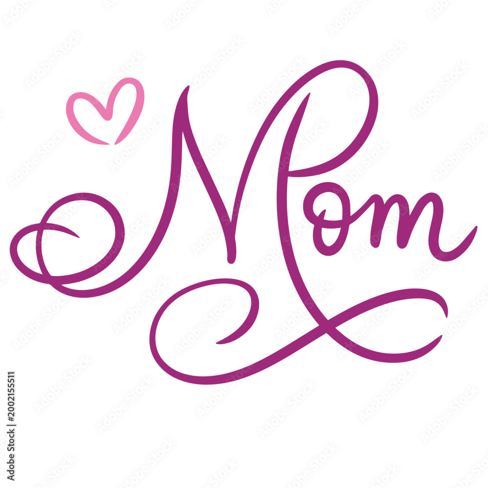 Fototapeta premium Mom Script Hand Lettering with Heart Doodle, Cute Feminine Typography for Mother’s Day Greeting Card Design