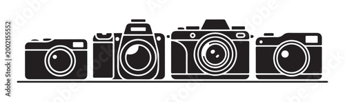 Variety of digital camera icons set in black silhouette showing different sizes and lens shapes on a shelf.