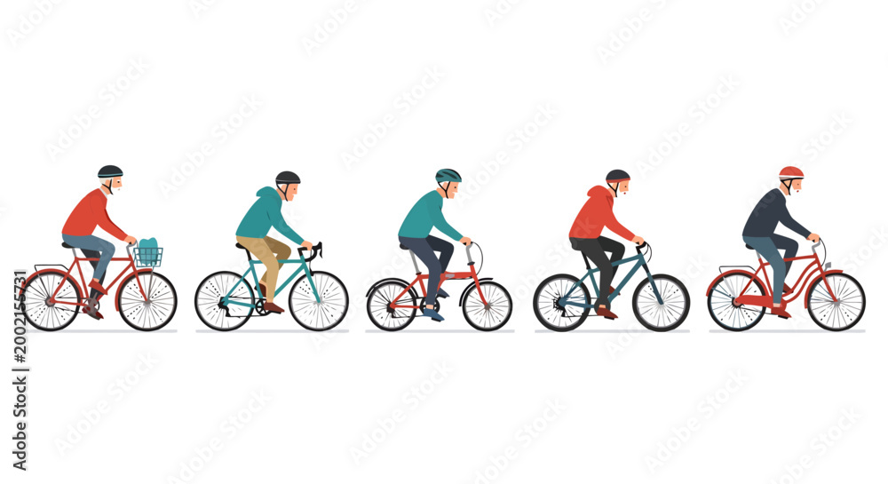 Obraz premium Diverse group of individuals enjoying recreational bicycle rides showcasing various cycling styles and apparel in a dynamic outdoor activity presentation promoting healthy transportation and