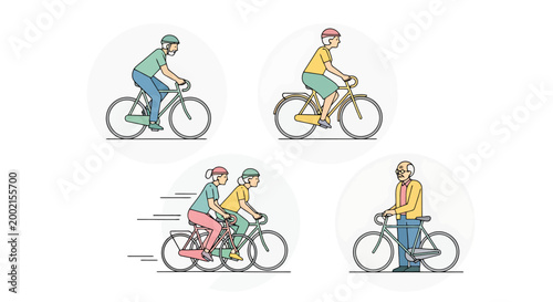 Diverse group of individuals enjoying cycling activities illustrating different ages and genders on bicycles promoting recreation and healthy lifestyles across various scenarios depicted with