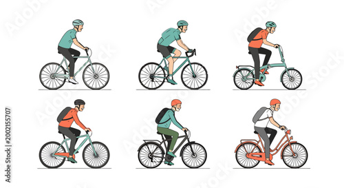 Collection of diverse individuals enjoying cycling adventures on various bicycle types demonstrating healthy active transportation and recreational outdoor pursuits for fitness and leisure