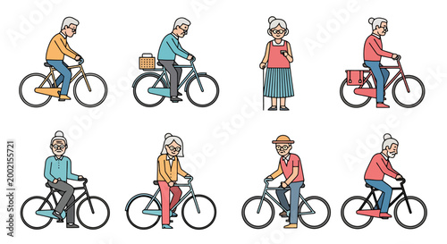 Group of diverse senior citizens enjoying outdoor cycling activity engaging in healthy lifestyle pursuits and recreational pursuits displaying various poses and apparel for active aging