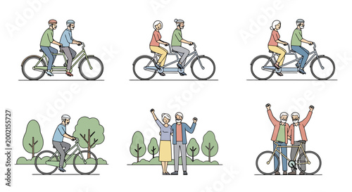 Happy senior couple enjoying outdoor activities together cycling on a tandem bicycle and celebrating with raised arms depicting active aging and joyful companionship in nature scenes with trees