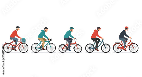 Diverse group of individuals enjoying recreational bicycle rides showcasing various cycling styles and apparel in a dynamic outdoor activity presentation promoting healthy transportation and