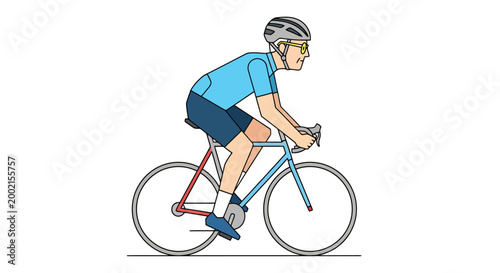 Healthy male athlete in protective headgear and eyewear actively riding a light blue and red bicycle on a paved road demonstrating fitness and outdoor recreational activity for sports and