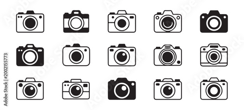 Collection of various camera icons representing different styles and types of photographic equipment.