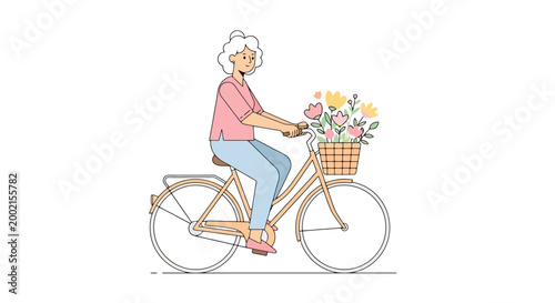 Delightful scene of a cheerful older woman with grey hair riding a bicycle enjoying a pleasant outdoor excursion with a basket full of vibrant flowers conveying joy and active senior lifestyle