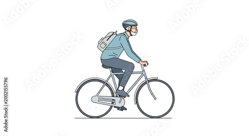 Active adult man wearing a helmet and carrying a backpack rides a bicycle outdoors on a sunny day enjoying a healthy commute to work or leisure activity on two wheels