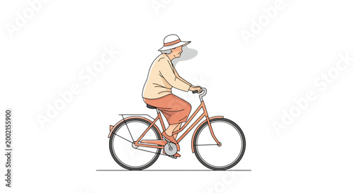An elderly woman wearing a hat enjoys a leisurely bicycle ride actively pedaling forward with a sense of freedom and independence portraying a healthy lifestyle and enjoying outdoor recreation
