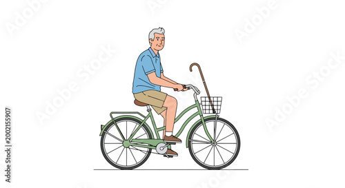 Elderly man with grey hair and beard happily riding a bicycle equipped with a basket and a walking stick representing active senior lifestyle and healthy recreation for older adults enjoying