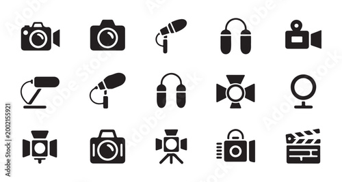 Set of black vector icons representing various photo and video production equipment for media.