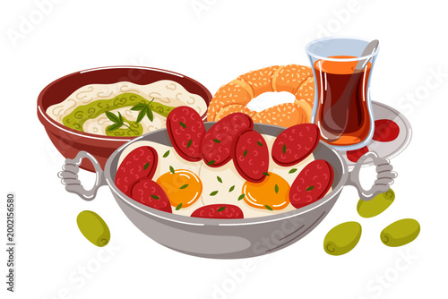 Delicious turkish breakfast with fried sausage, cheese dip, simit, black tea, and olive. Traditional cuisine cartoon illustration for menu, banner.