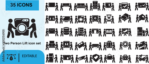 Black and white vector icon set featuring stamps silhouettes and symbols of home business people furniture and robots in a clean simple design