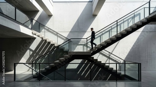 Businessman Walking Up Modern Architectural Staircase