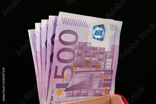 Euro banknotes, EUR. European Union money. 2500 Euros in five 500 euro banknotes. Cash, finance, savings, wealth