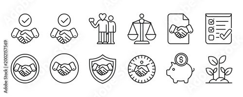 Business partnership and finance icons including handshake and money symbols