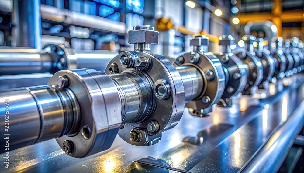 Fototapeta premium Industrial pipes and valves in manufacturing plant details closeup