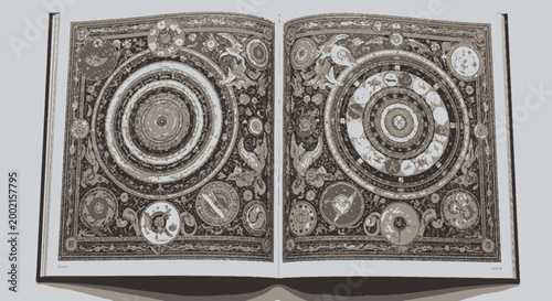 Ancient Manuscript with Ornate Astronomical and Alchemical Diagrams