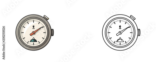 Colored and black outline climbing altimeter illustrations in cartoon and line art styles with grey metal frame and mountaineer icon for altitude measurement on white background