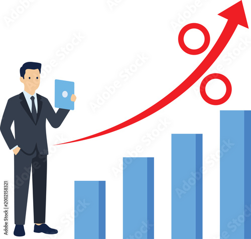 A man leaning on a graph that is continuously rising. Illustration for increasing investment profits, stock gains and investment value increase. stock illustration

