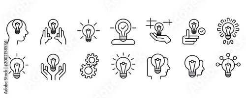 Collection of creative idea and innovation icons with light bulbs and human heads