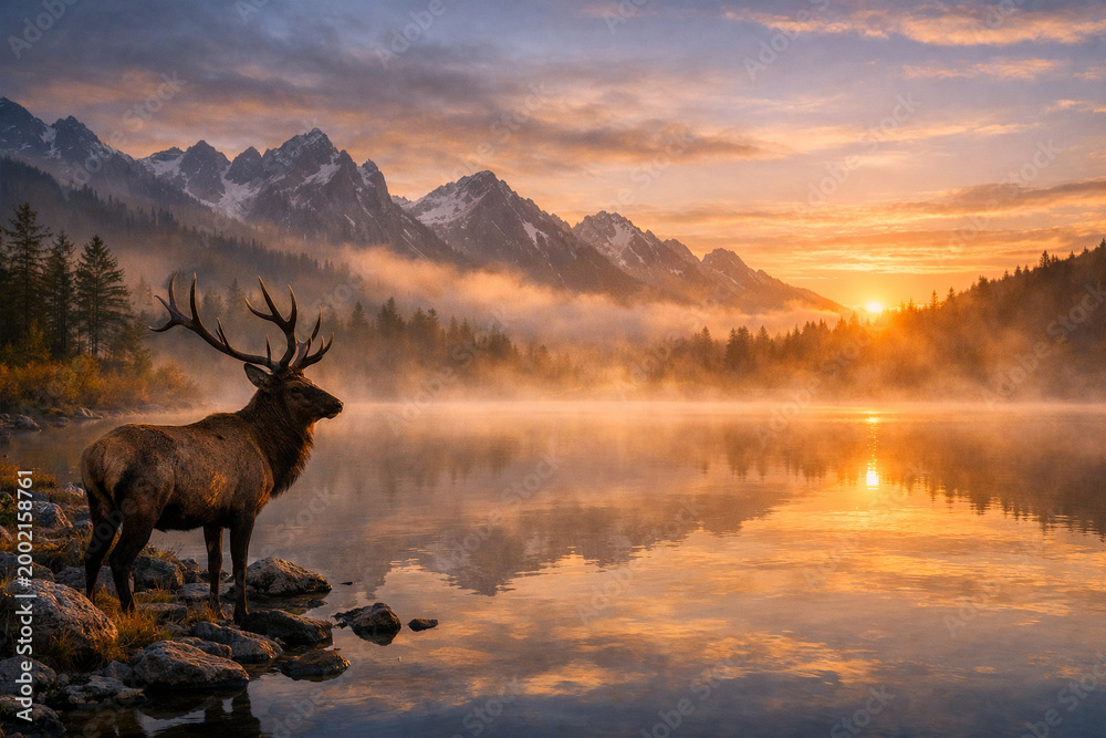 Obraz premium A majestic elk stands by a misty lake at sunrise, with rugged mountains in the background.