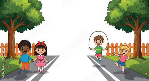 Happy Children Playing Outdoor on Street with Jump Rope and Friends Walking Together in Park Environment for Kids Activity and Childhood Illustration