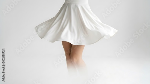 Woman's legs in white skirt, dancing female, skirt movement, elegant legs