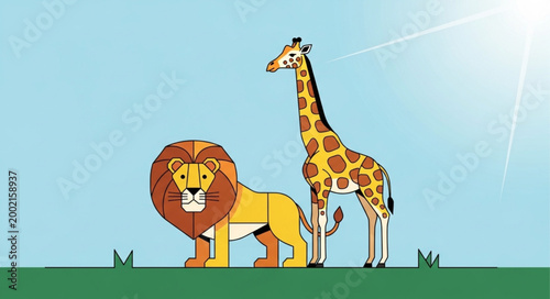 Lion and Giraffe Cartoon Characters Standing Together.