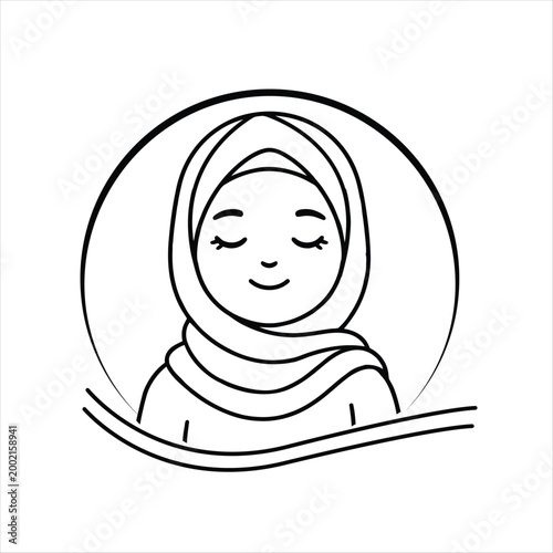 Minimalist Muslim Woman Logo with Hijab, Line Art Female Avatar Icon, Simple Islamic Vector Illustration