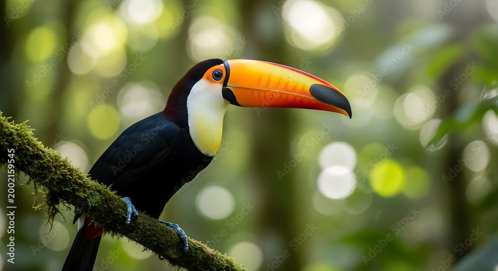 Fototapeta premium Stunning toco toucan portrait a colorful bird among lush rainforest animals
