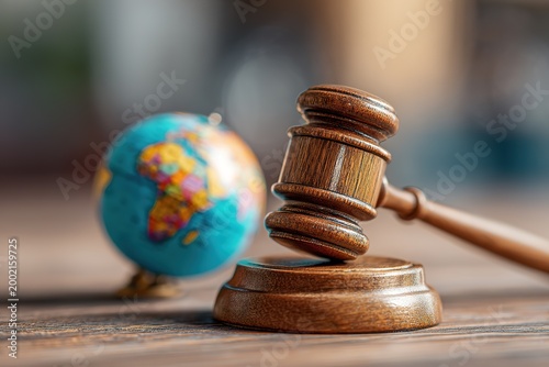 Wooden gavel and blurred globe on rustic table symbolizing international law justice global court and judicial authority.