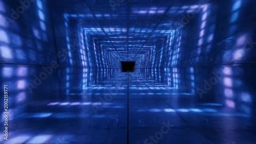 Dark blue tunnel with glowing blue lights and square patterns