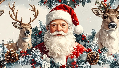 Jolly Santa, reindeer, evergreen, and pine cones festive art on a light snowy backdrop
