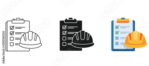 Construction safety checklist icon set, hard hat with clipboard, vector illustration